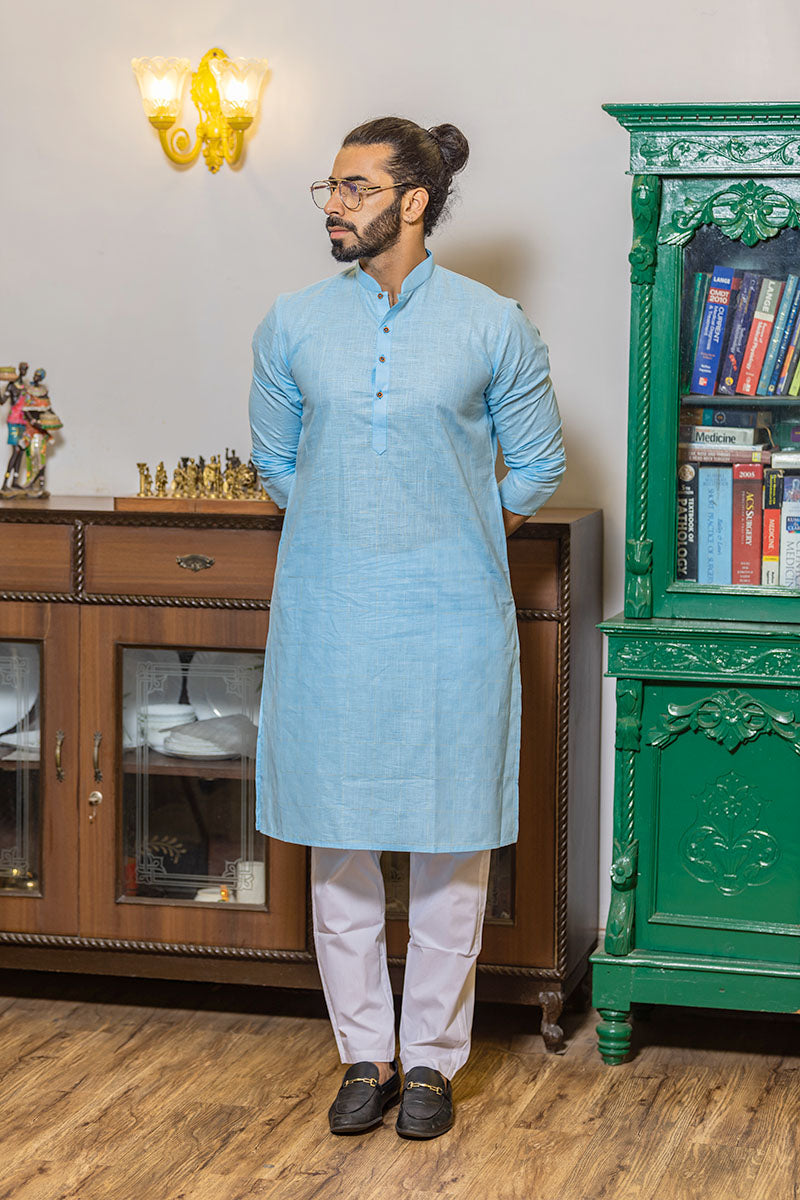 Self Textured Cotton Kurta Sky Blue