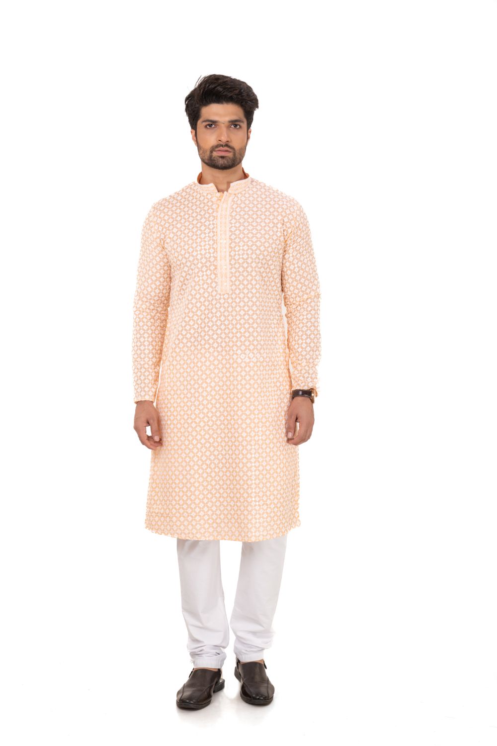Lucknavi Chikankari Embroidered Kurta Set Peach