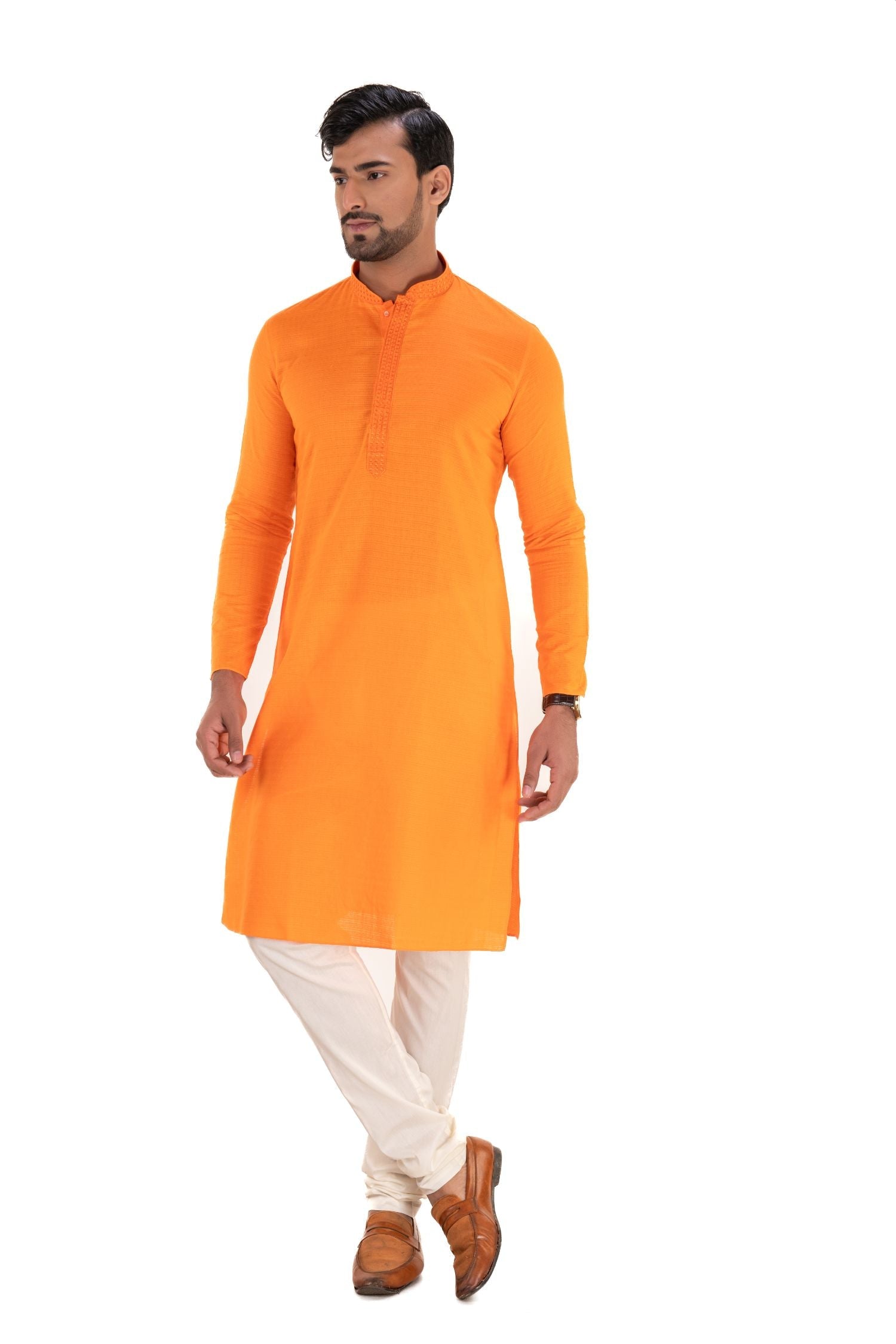 Self Designed Kurta with Neck Embroidery Orange