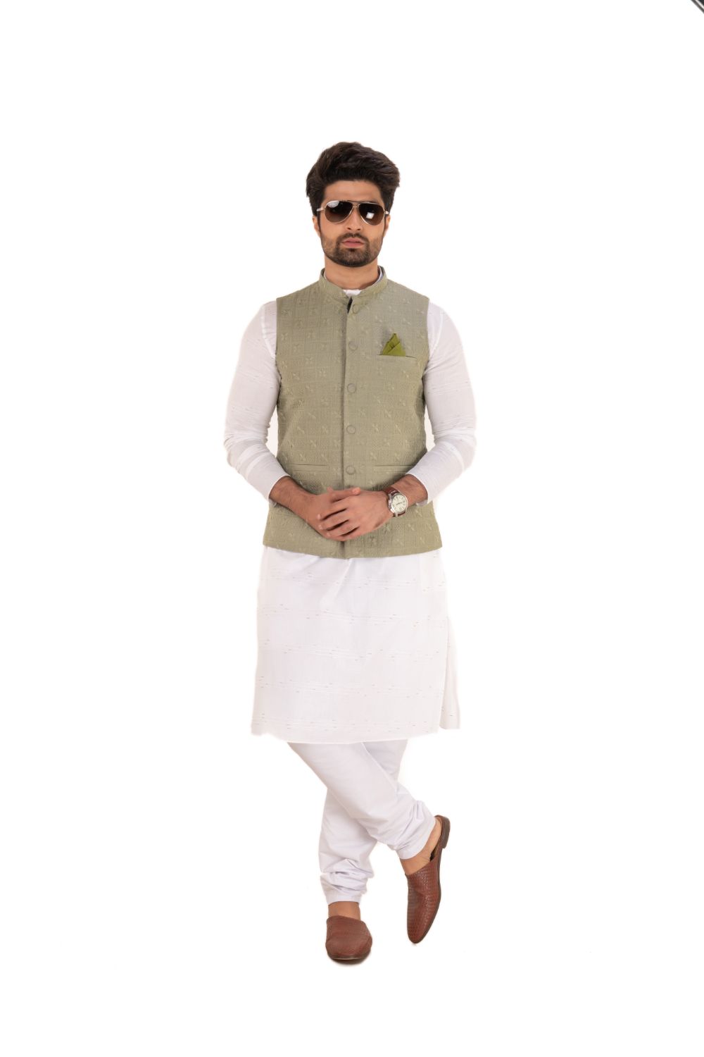 Lucknavi Work Silk Nehru Jacket Pista Green