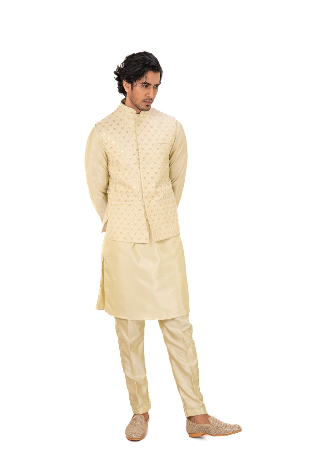 Lucknavi Chikankari Emroidered Nehru Jacket Lemon Green