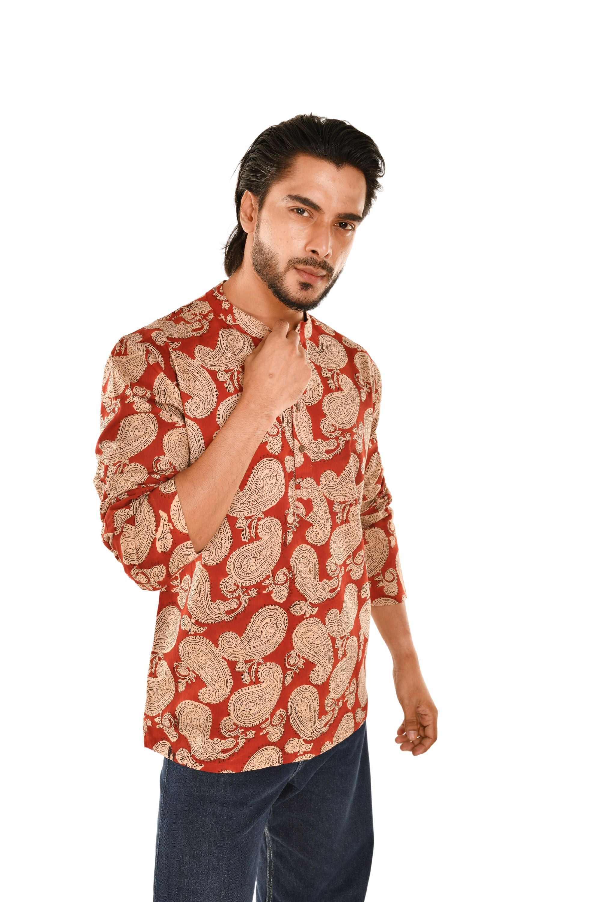 Red Sanganeri Print Short Kurta with Ethnic Motifs