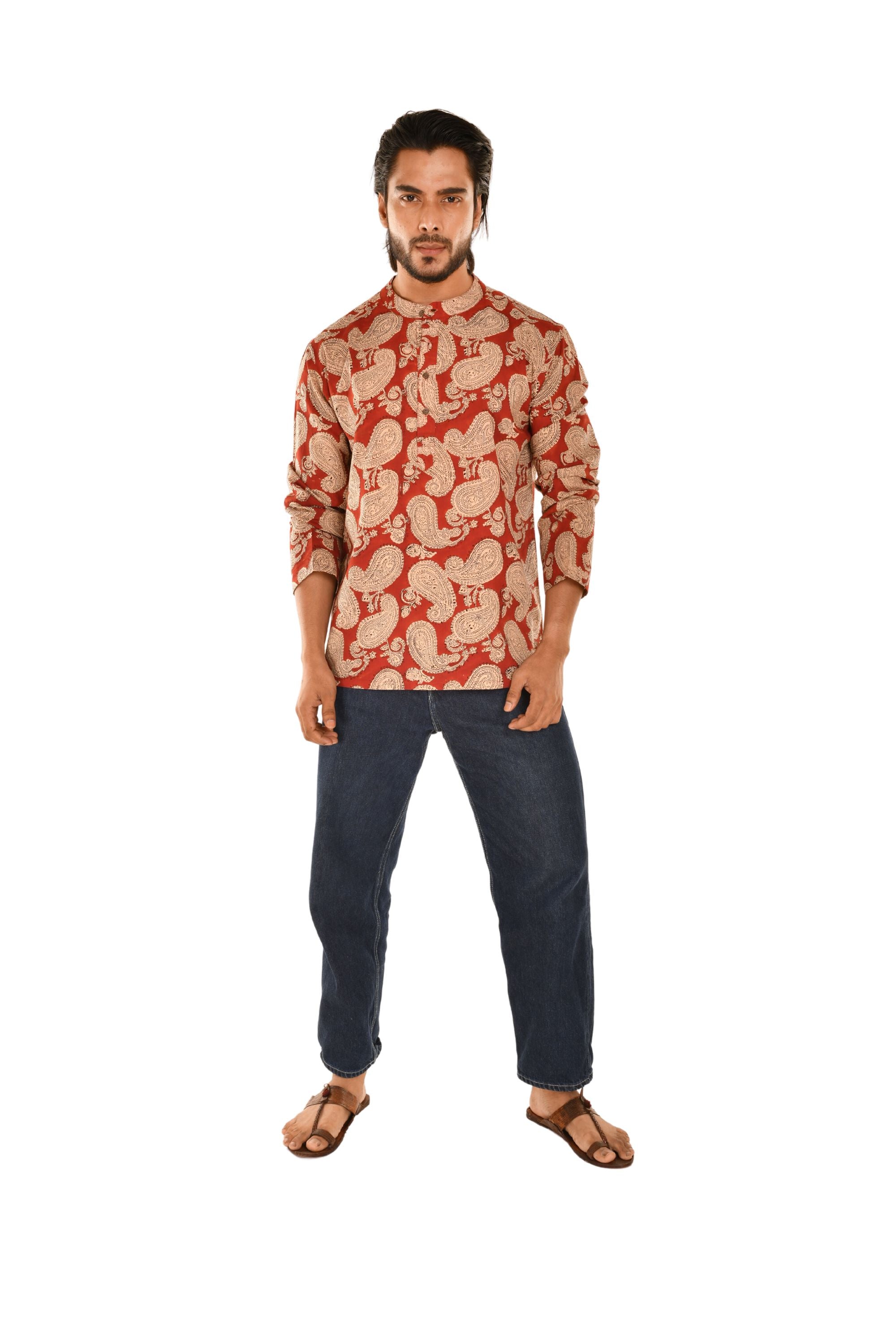 Red Sanganeri Print Short Kurta with Ethnic Motifs Red