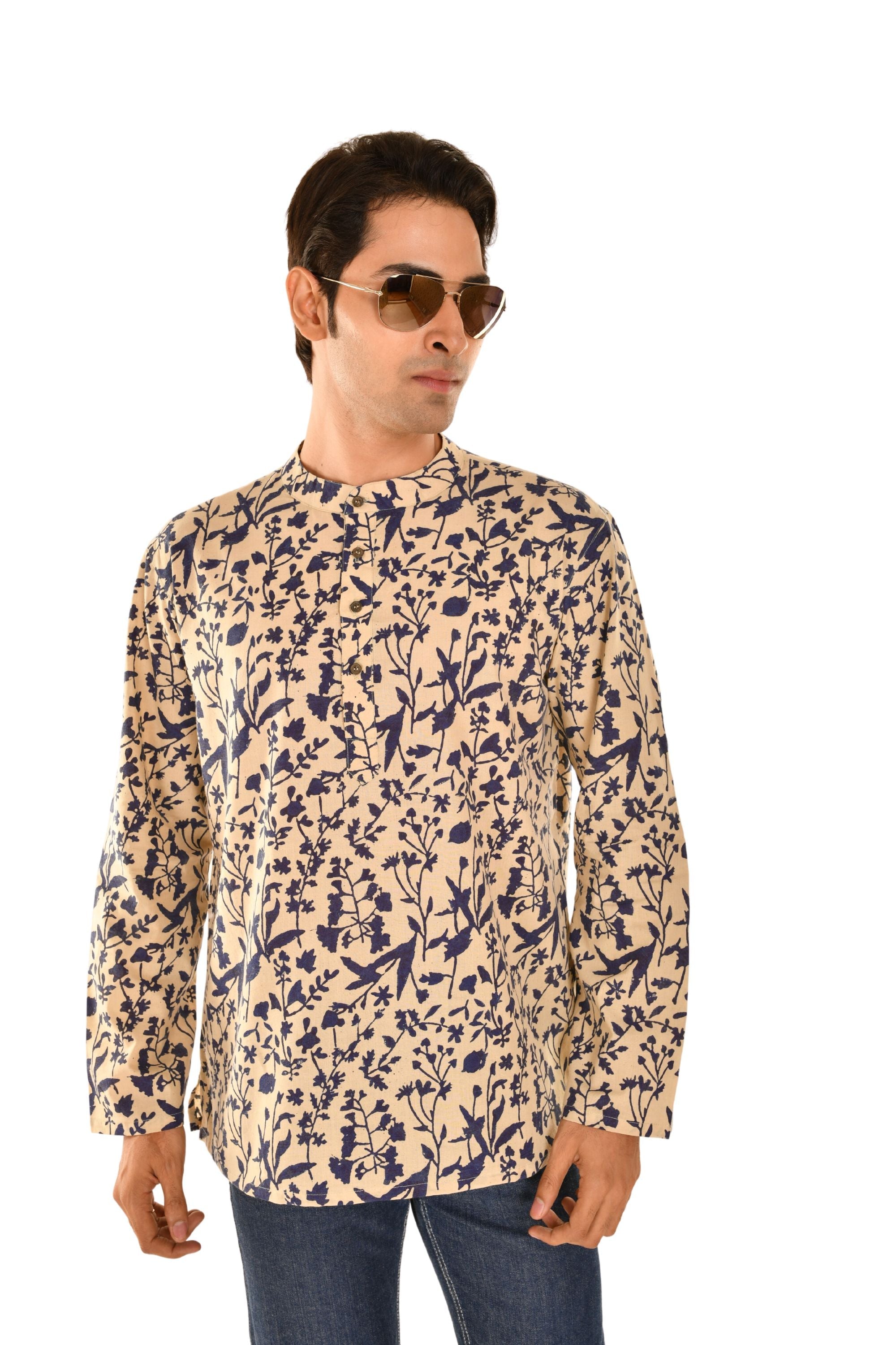 Cream and Blue Jaipuri Print Short Kurta