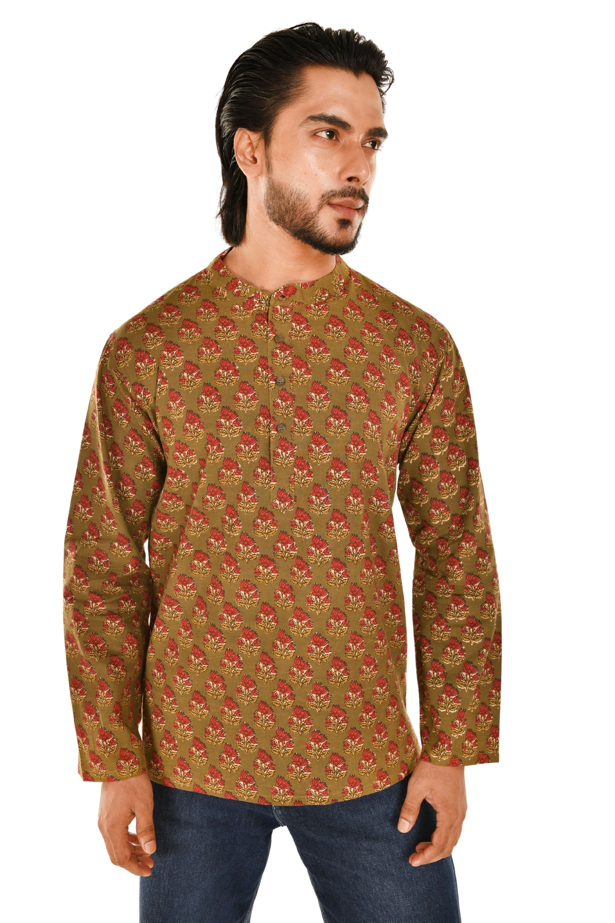 Olive Green Floral Motif Printed Short Kurta