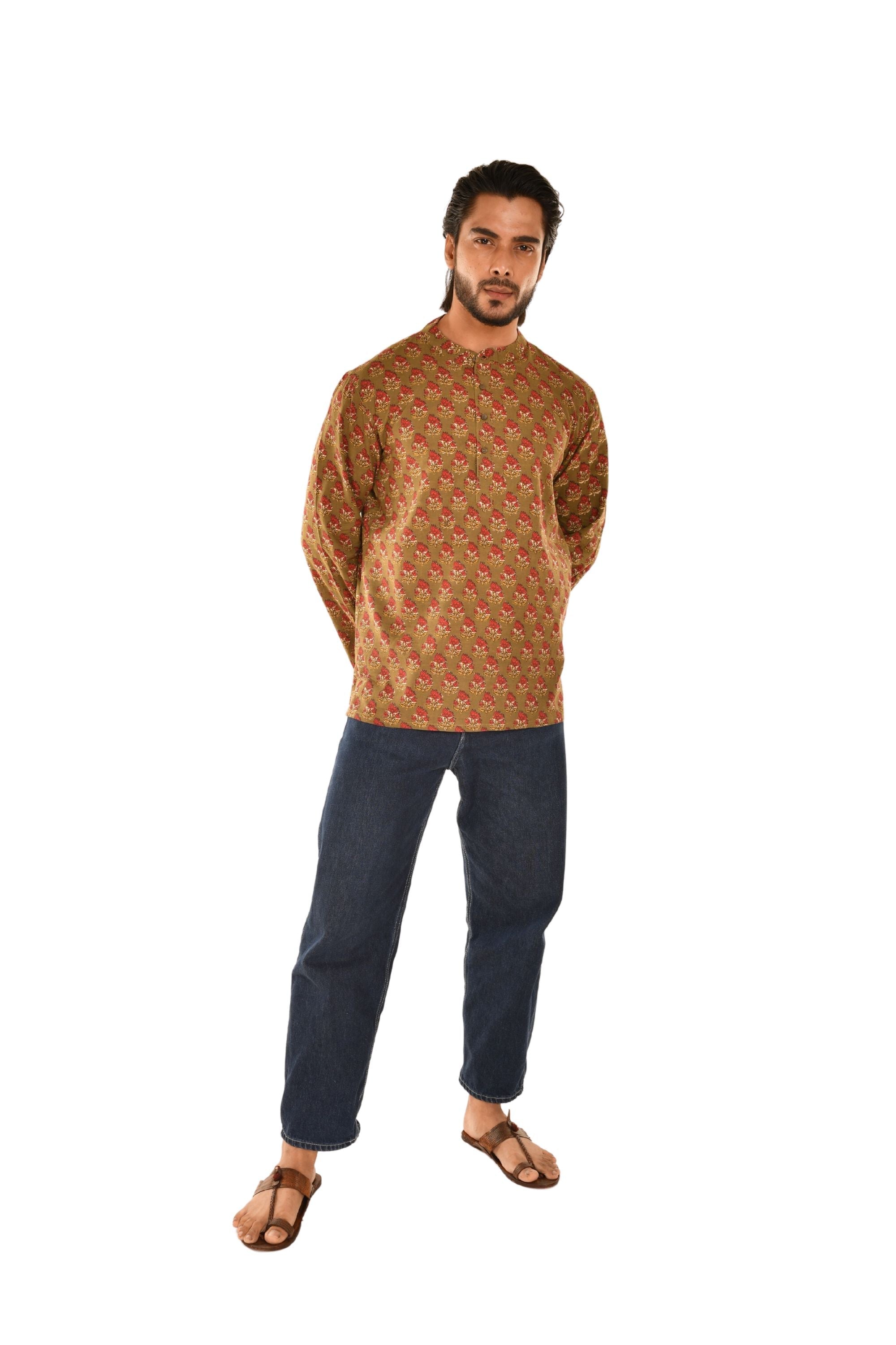 Olive Green Floral Motif Printed Short Kurta Mehndi