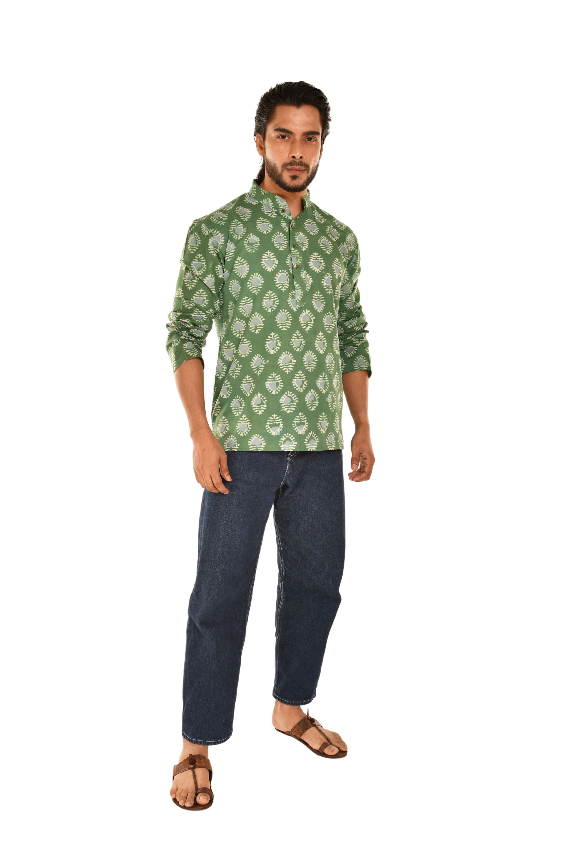 Green Sanganeri Printed Short Kurta Green