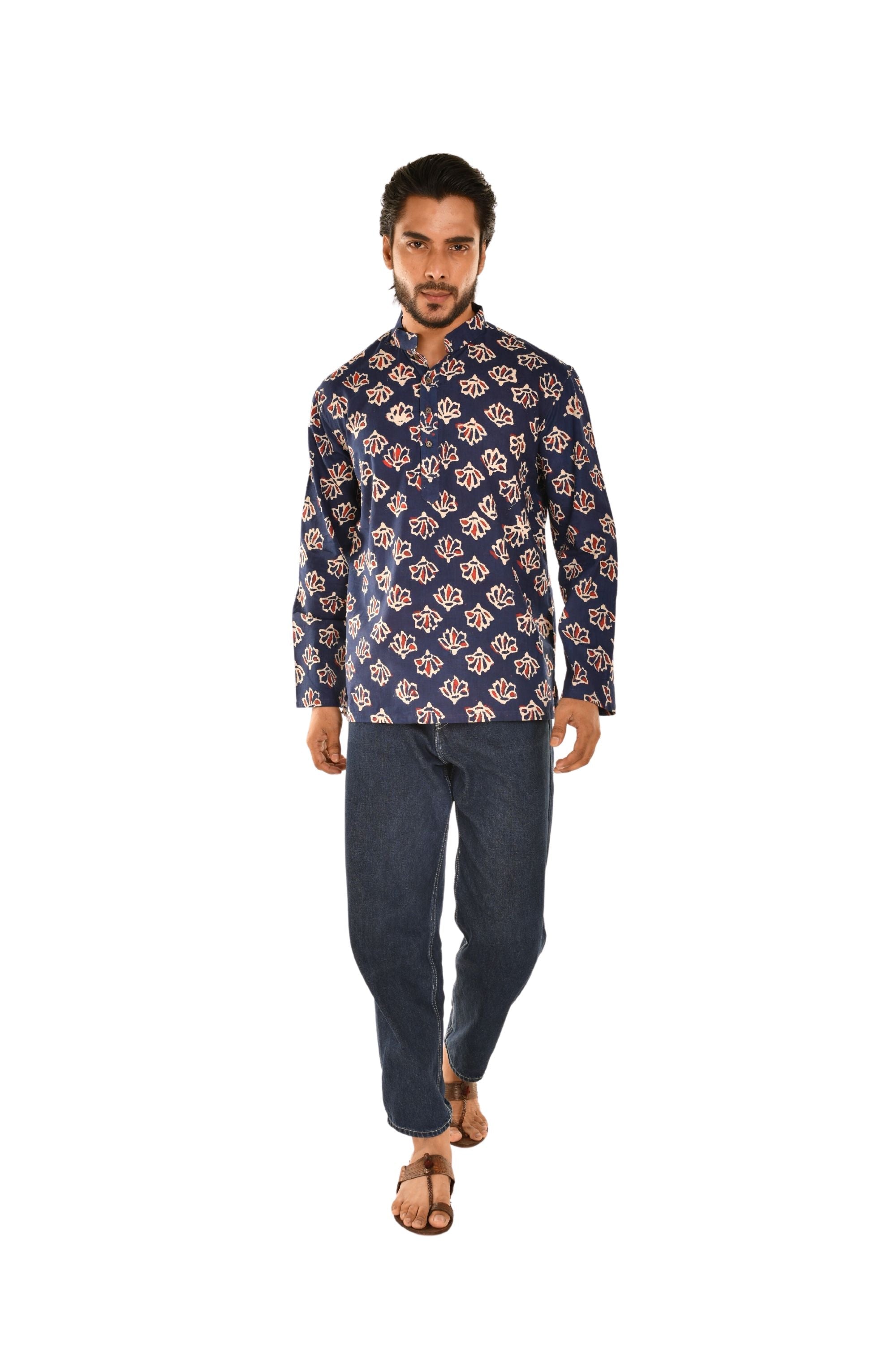 Navy Blue Jaipuri Print Short Kurta Navy Blue