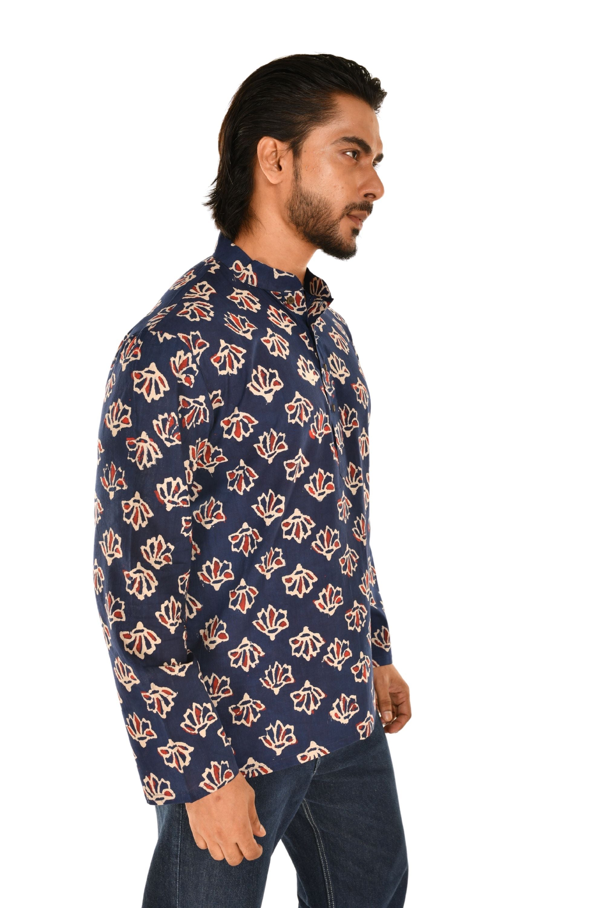 Navy Blue Jaipuri Print Short Kurta