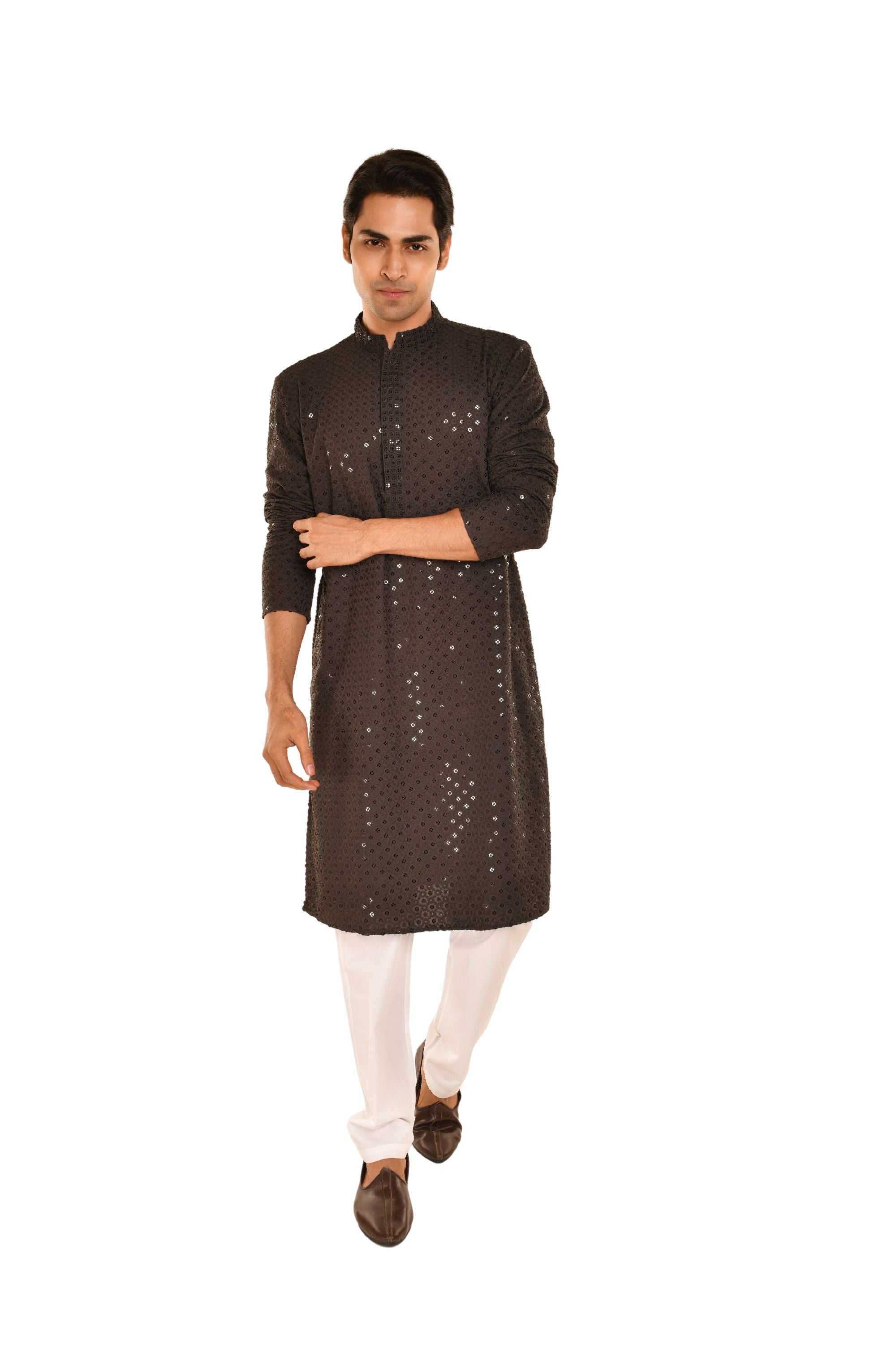 Men Embroidered and Seqence Chikankari Kurta Grey