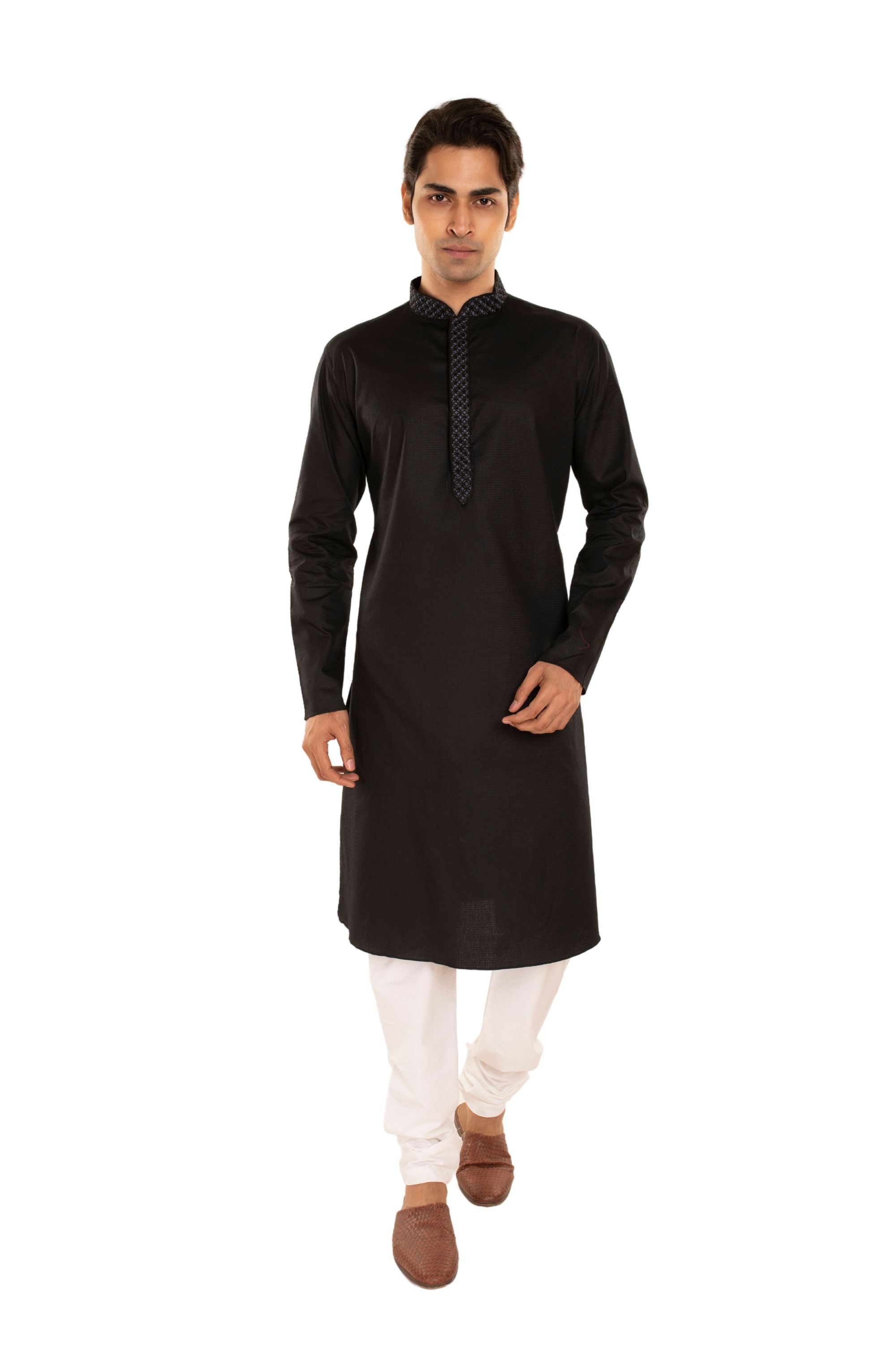 Self Designed Kurta with Embroidery around the Placket Black