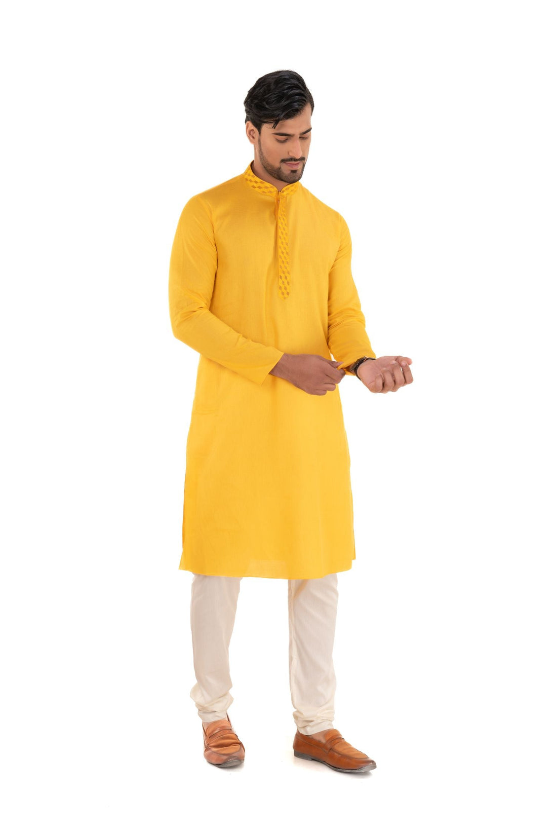 Solid Mandarin Collar Kurta Yellow