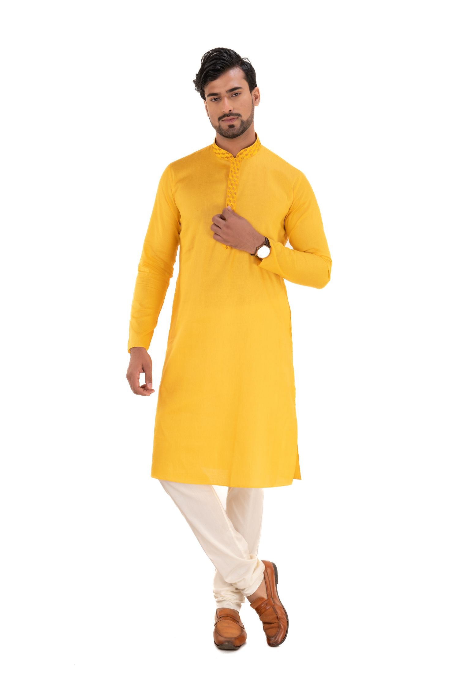 Solid Mandarin Collar Kurta Yellow