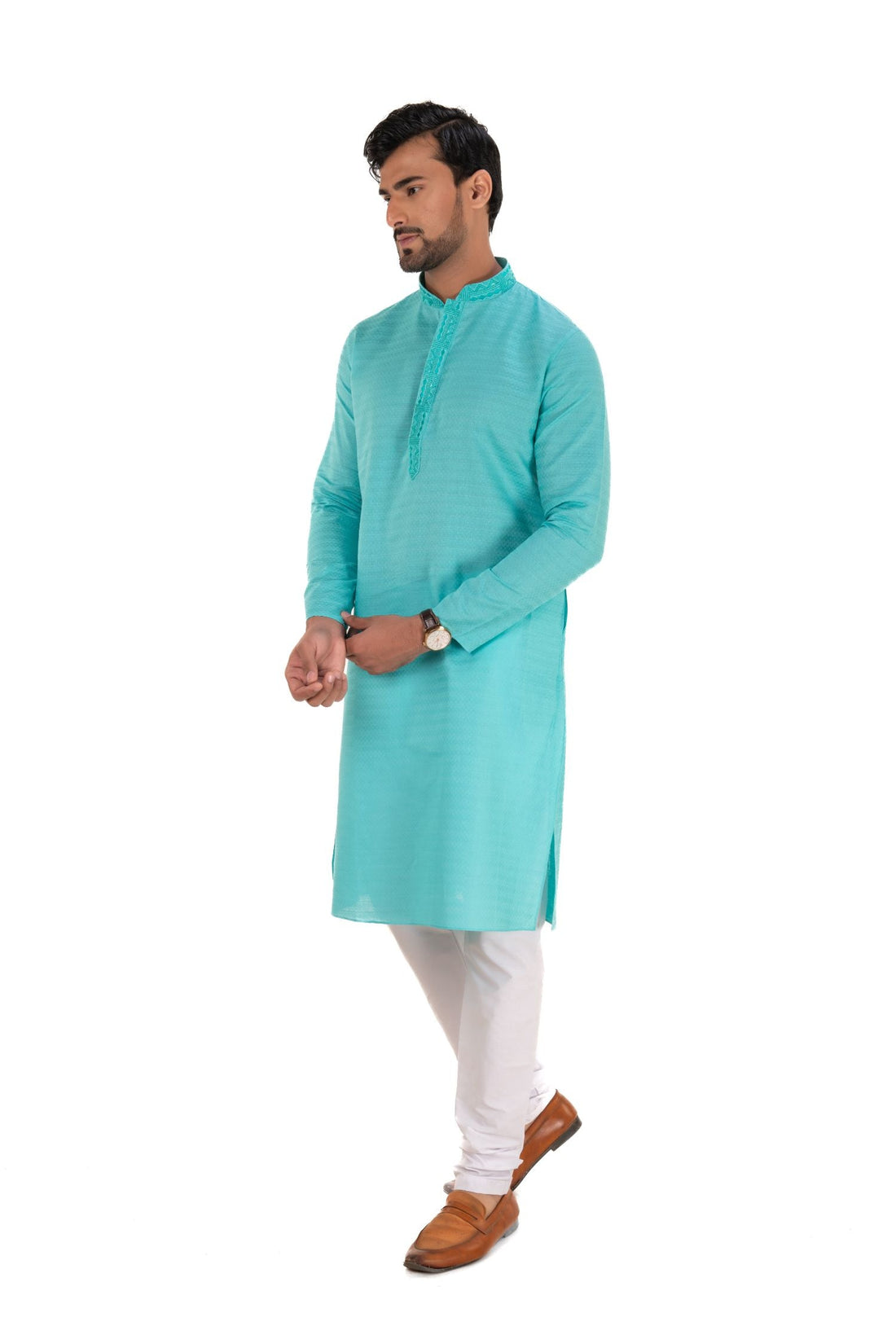 Self Printed Kurta with Neck Embroidery Sky Blue