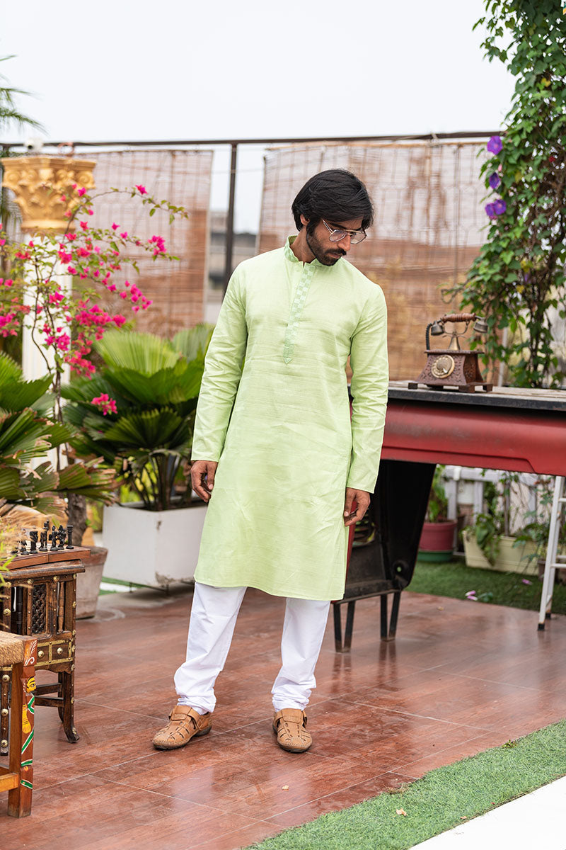 Plain Kurtas with Horizontal Self Stripes Light Green