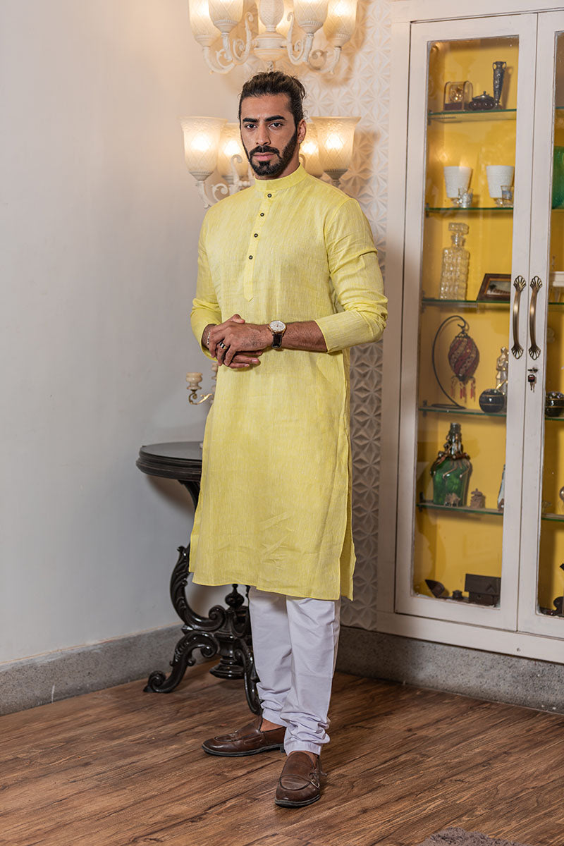 Premium Linen Kurtas for Men Light Yellow