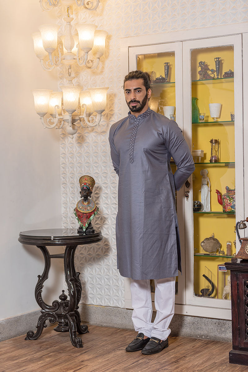 Thread Embroidered Cotton Kurta Grey