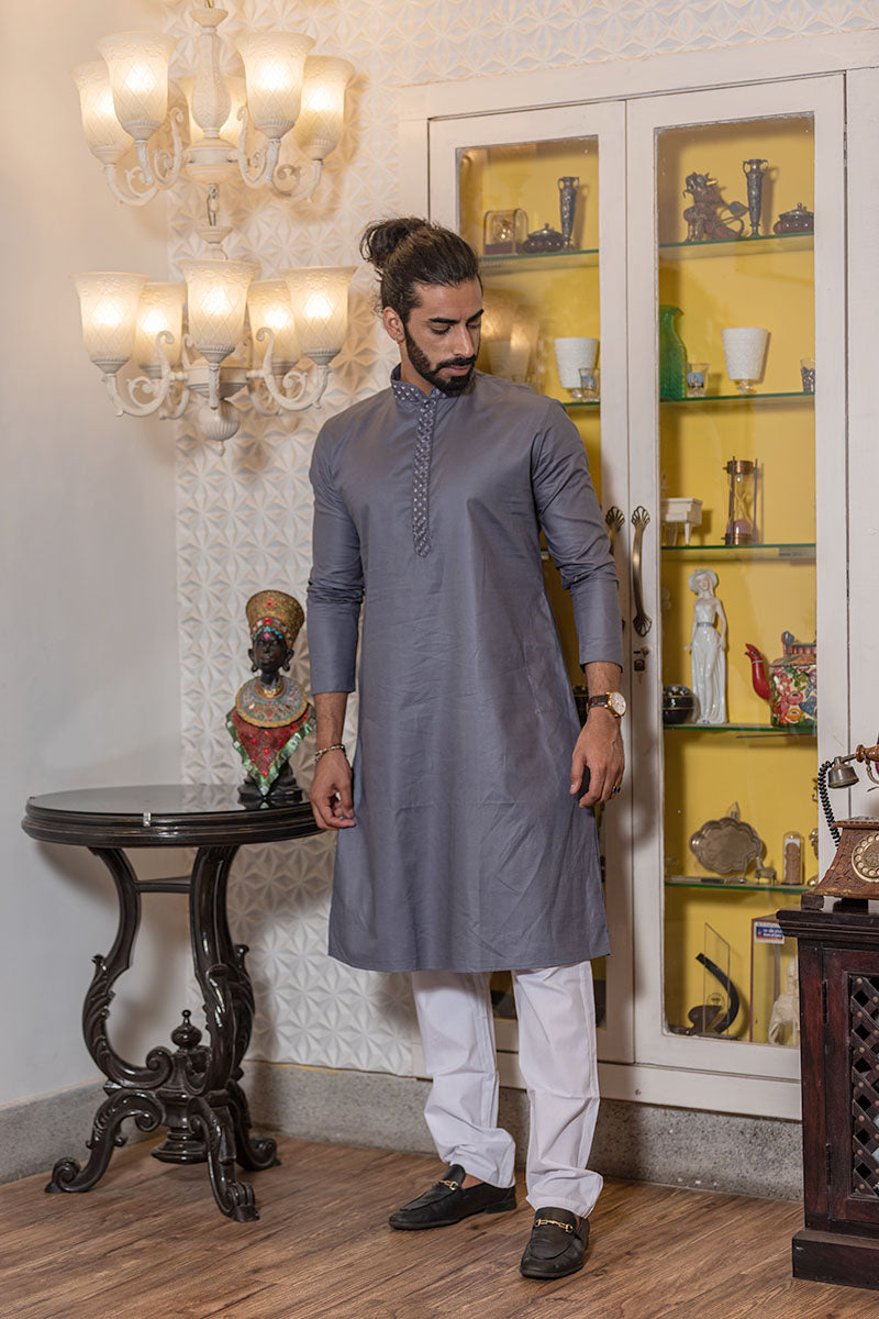 Thread Embroidered Cotton Kurta Grey