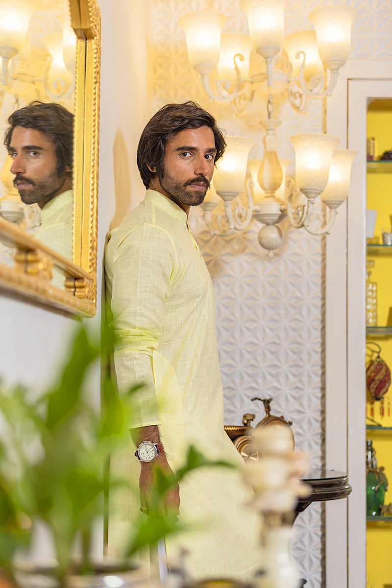Self Textured Cotton Kurta Light Yellow