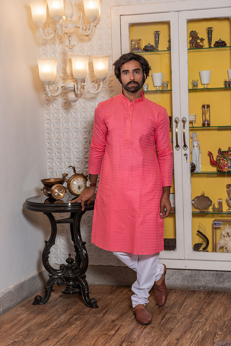 Self Printed Kurta with Neck Embroidery Bright Pink