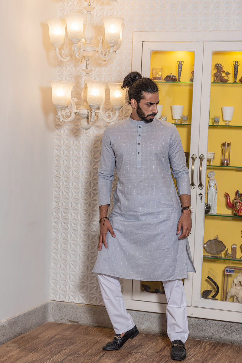Straight Fit Checkered Print Cotton Kurta