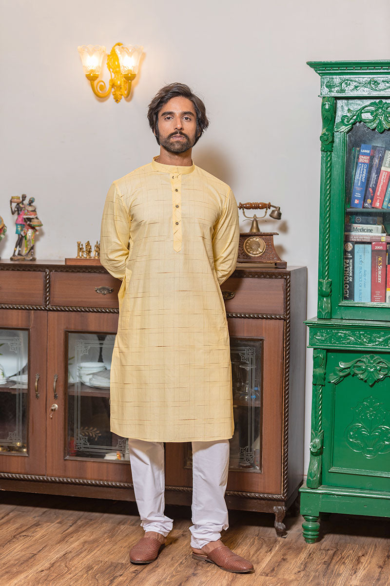 Straight Fit Checkered Cotton Kurta Yellow