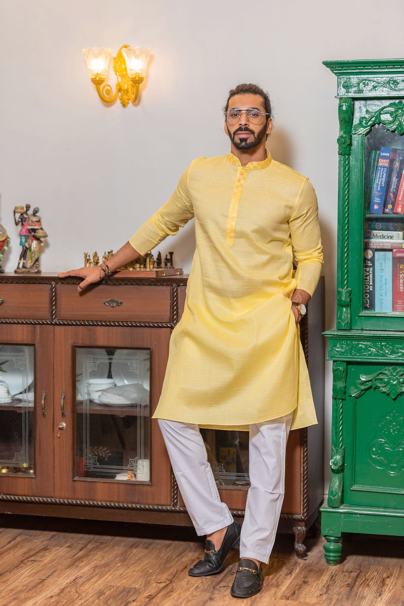 Plain Kurtas with Horizontal Self Stripes Yellow