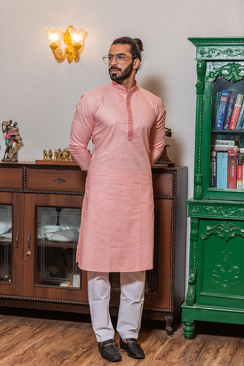 Thread Embroidered Cotton Kurta Pink