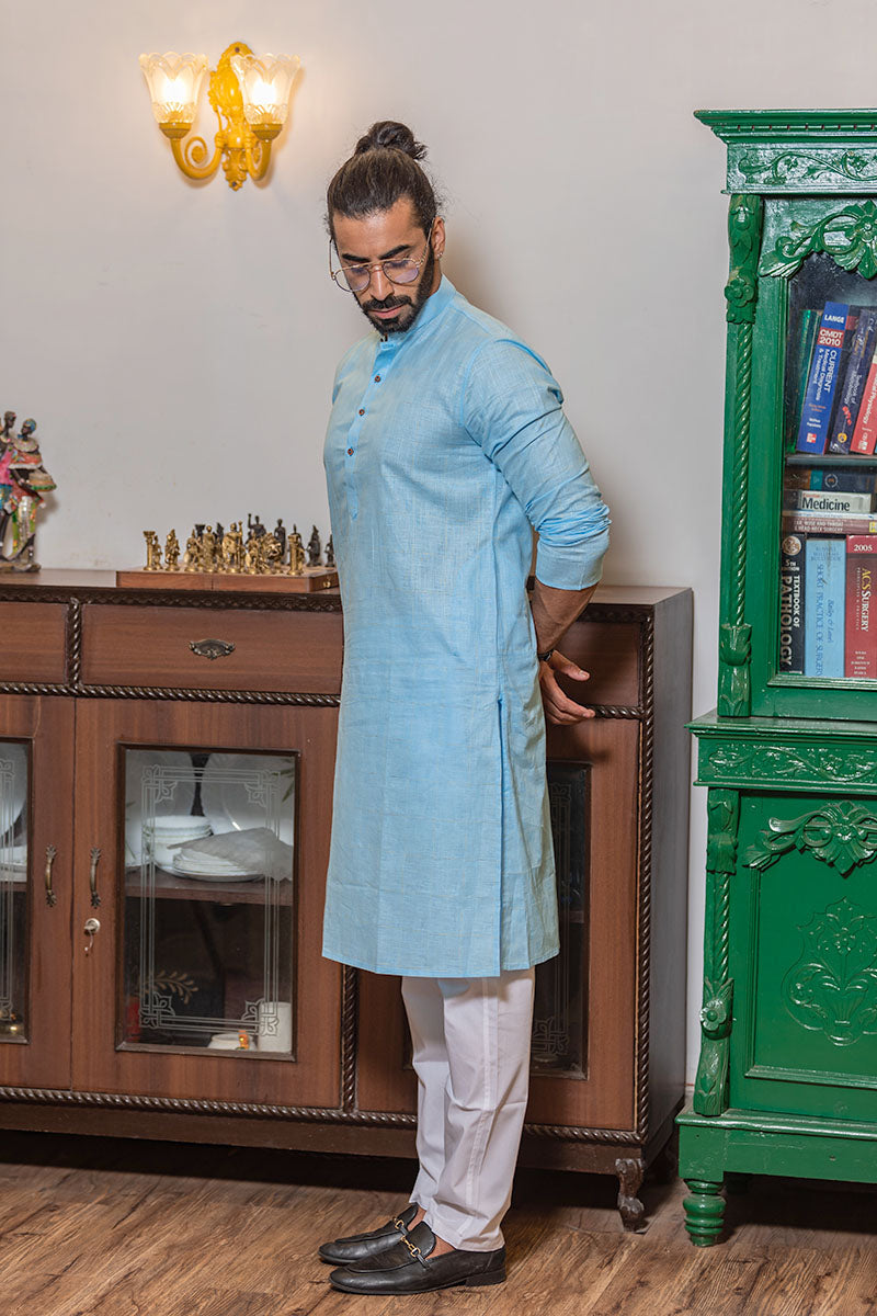 Self Textured Cotton Kurta Sky Blue