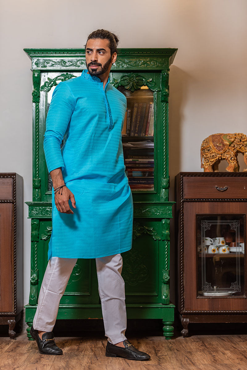 Self Printed Kurta with Neck Embroidery