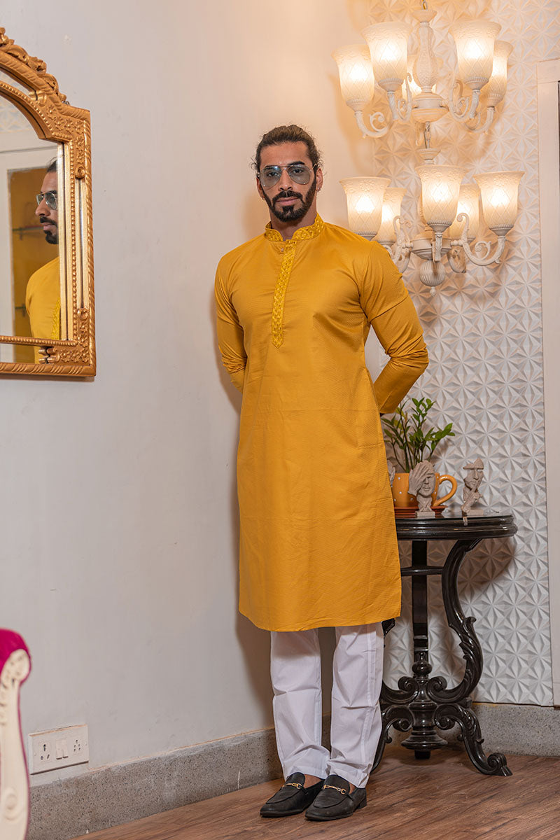 Thread Embroidered Cotton Kurta Mustard