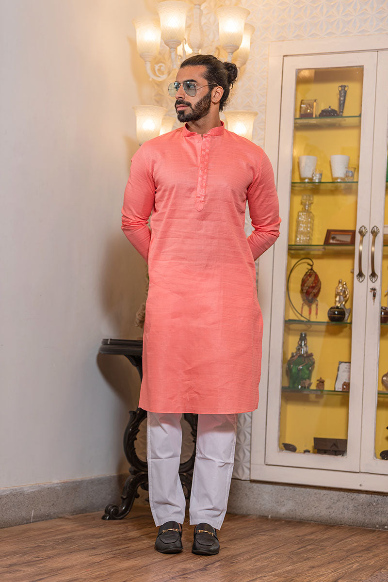 Plain Kurtas with Horizontal Self Stripes Vermillion Red