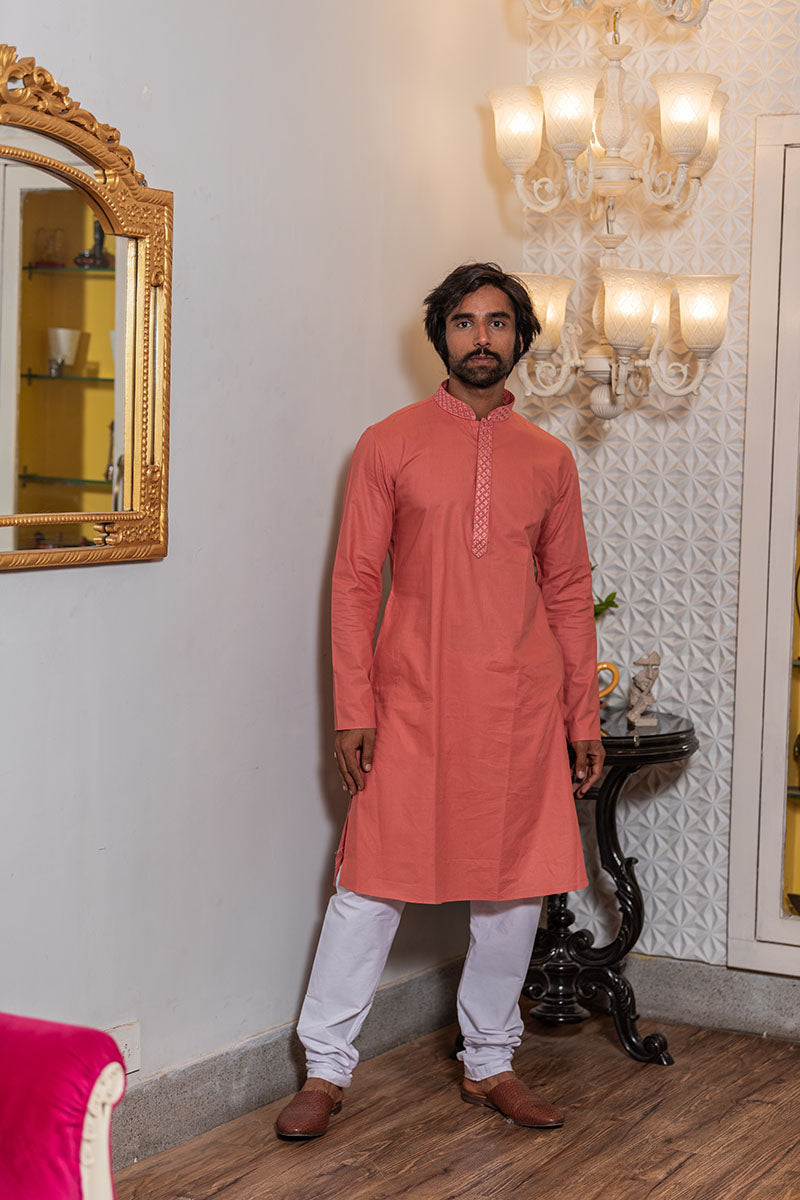 Men's Solid Regular Cotton Kurta Rose Pink