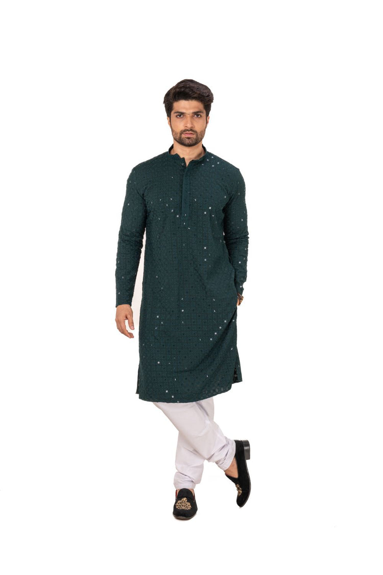 Geometric Chikankari Embroidered Kurta Set Bottle Green