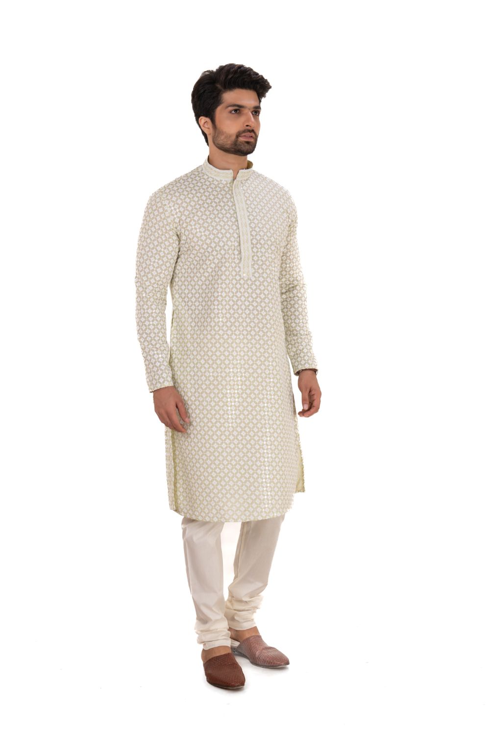 Lucknavi Chikankari Embroidered Kurta Set Lemon Green