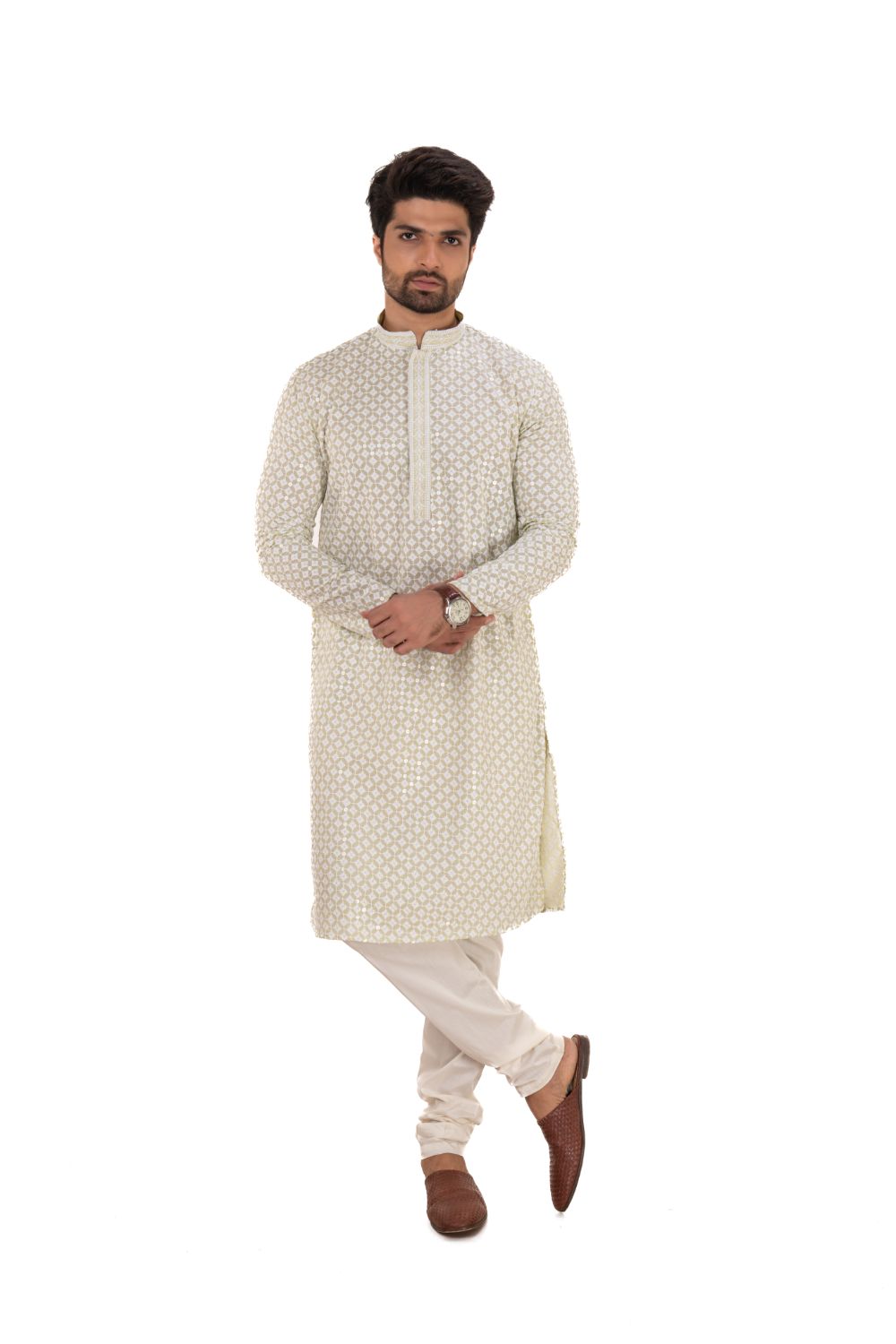 Lucknavi Chikankari Embroidered Kurta Set Lemon Green