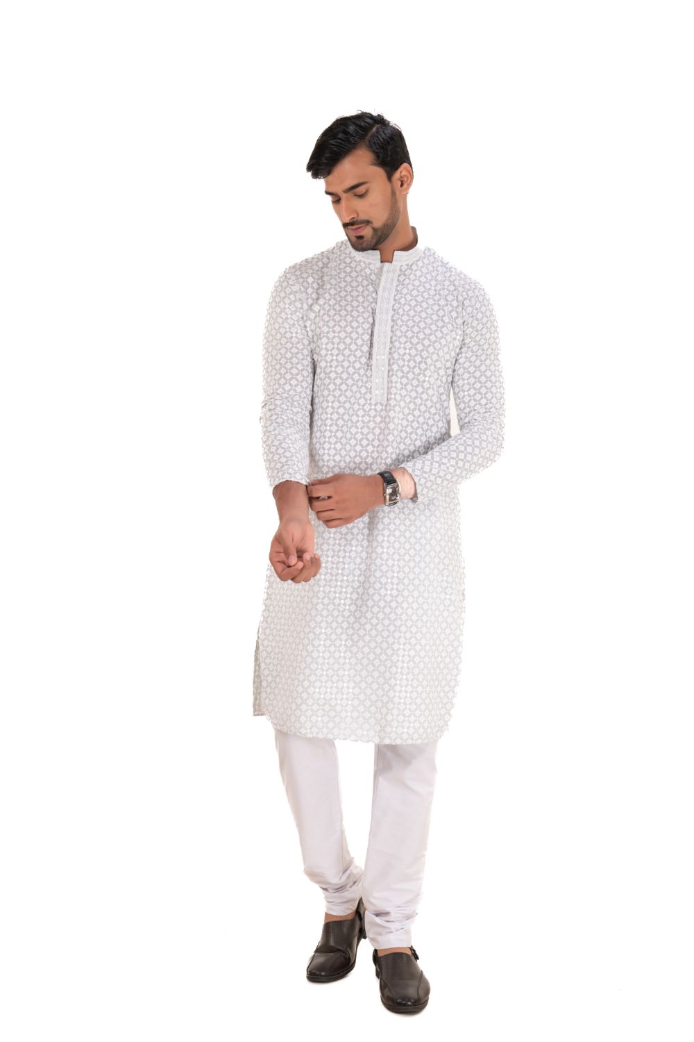 Lucknavi Chikankari Embroidered Kurta Set Light Green L(40)