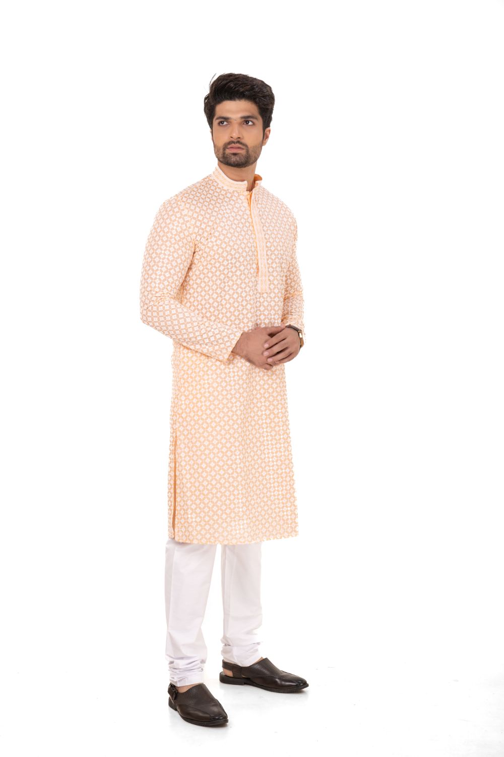 Lucknavi Chikankari Embroidered Kurta Set Peach XXL(44)