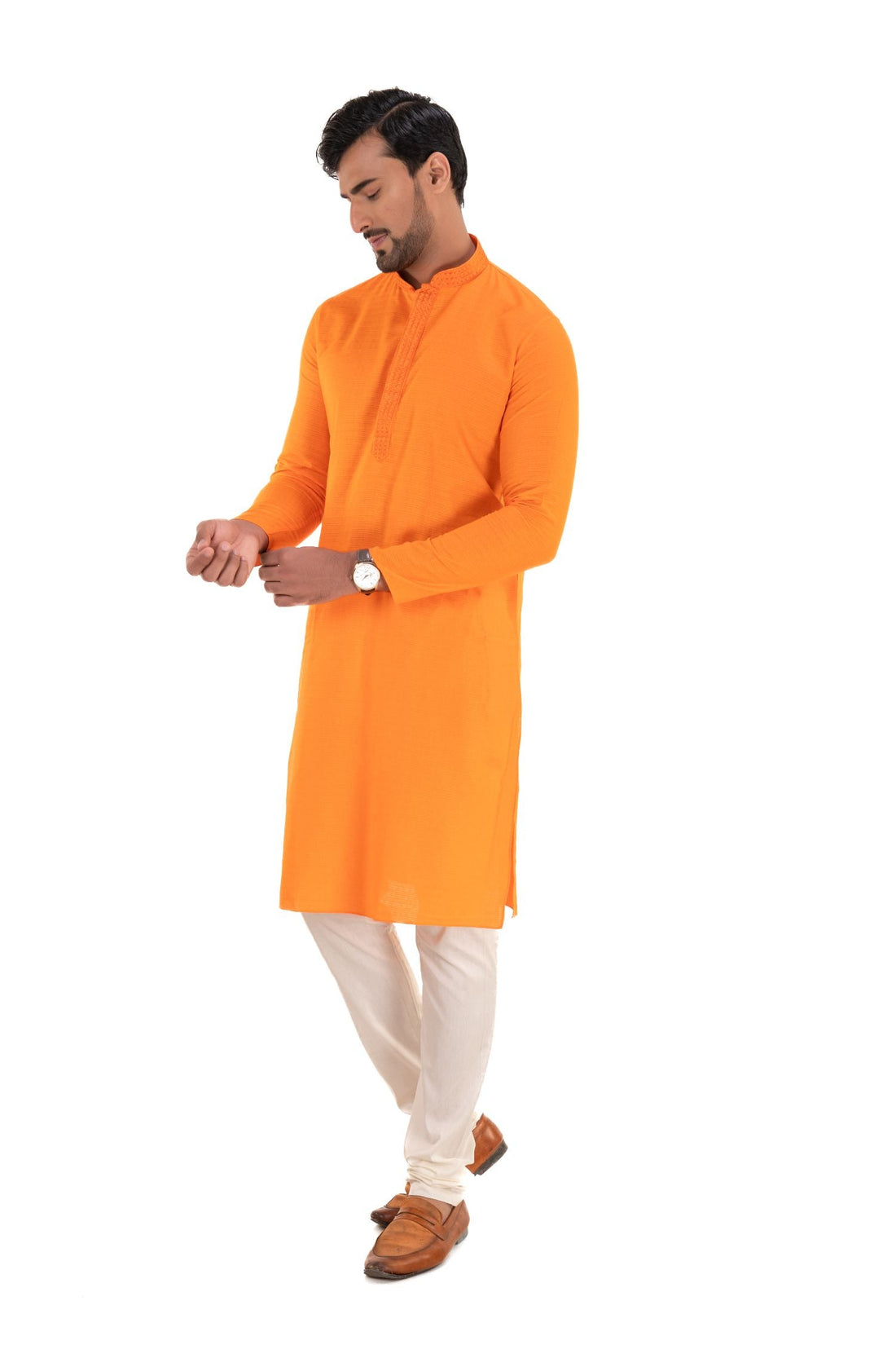 Self Designed Kurta with Neck Embroidery Orange