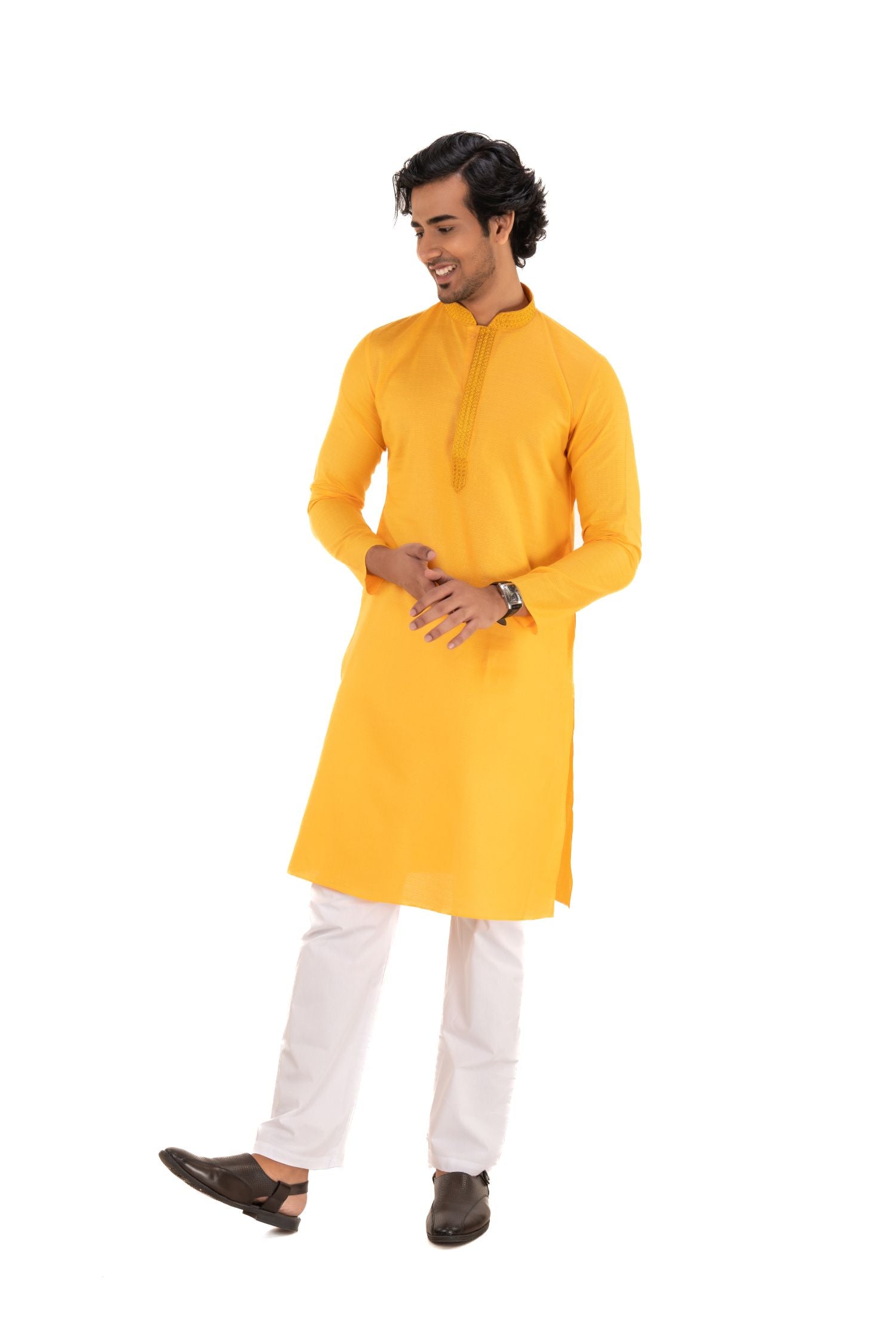 Self Designed Kurta with Neck Embroidery Yellow