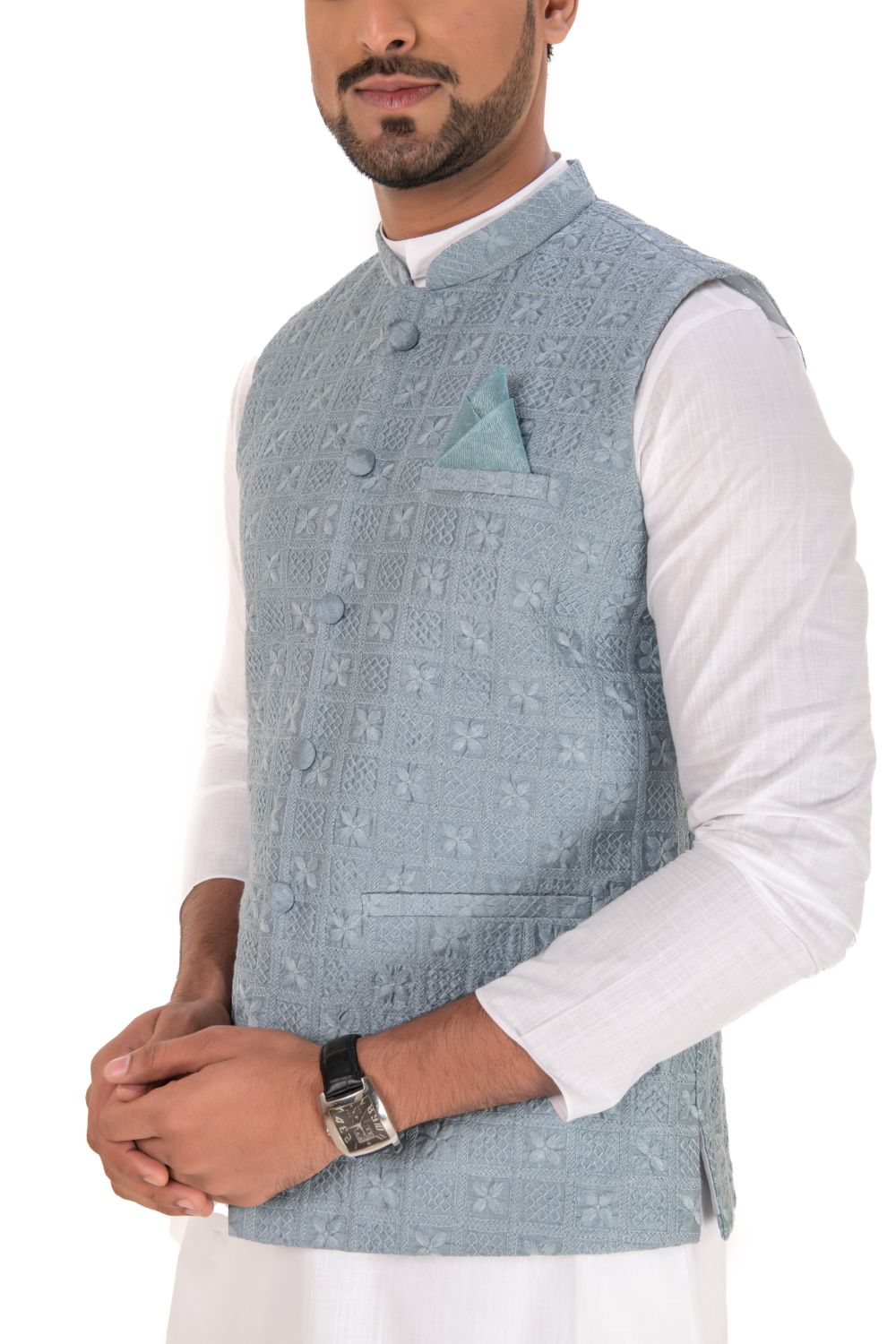 Lucknavi Work Silk Nehru Jacket