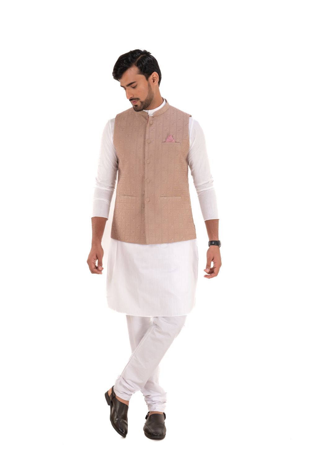 Lucknavi Work Silk Nehru Jacket Light Brown