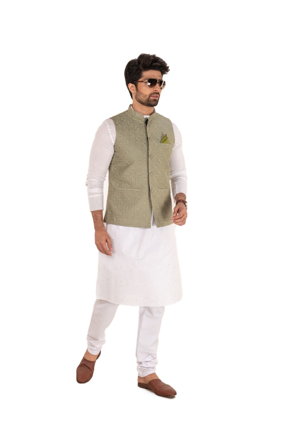 Lucknavi Work Silk Nehru Jacket Pista Green