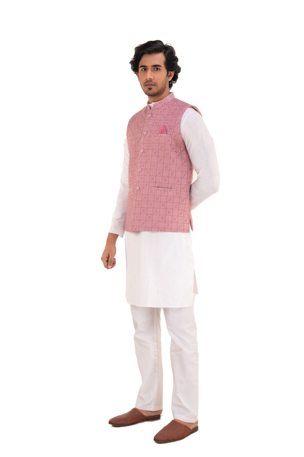 Lucknavi Work Silk Nehru Jacket Pink