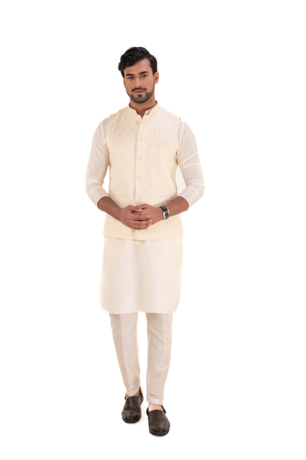 Sequins Embroidered Silk Nehru Jacket Cream