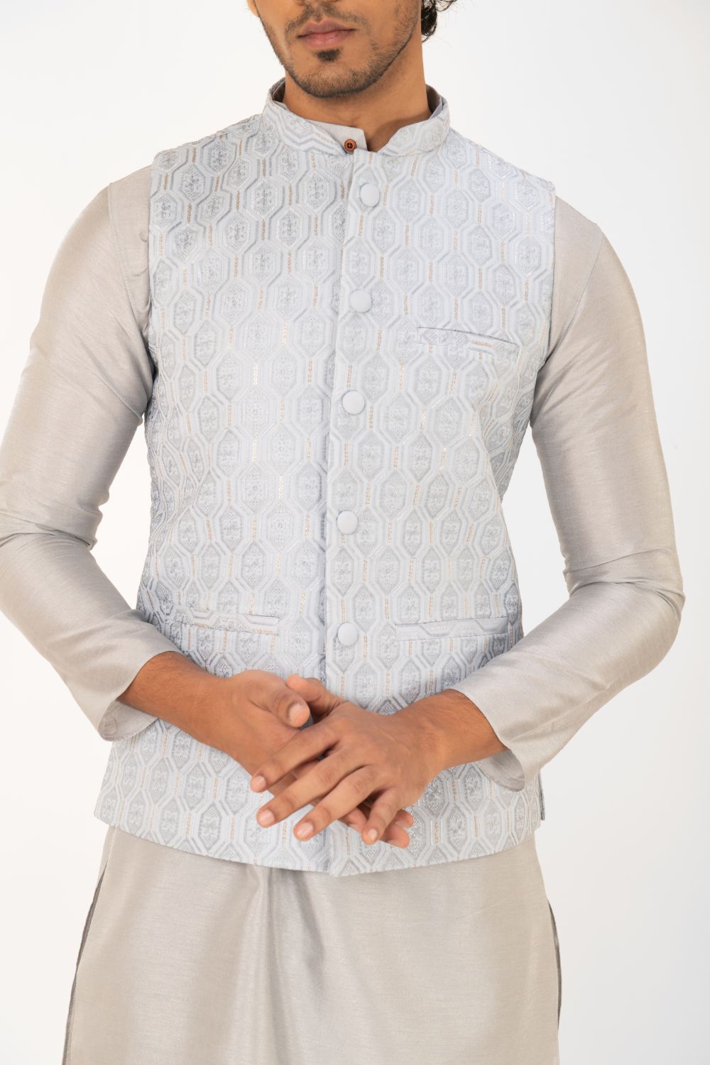 Sequins Embroidered Silk Nehru Jacket