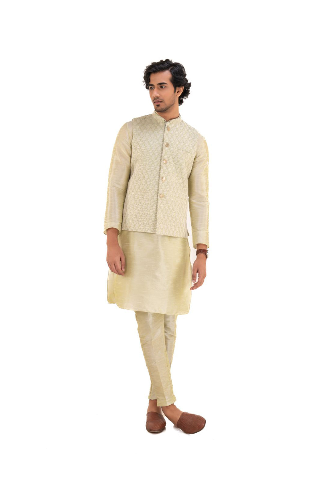 Ivory-hued Heavily Embroidered Silk Nehru Jacket Light Green