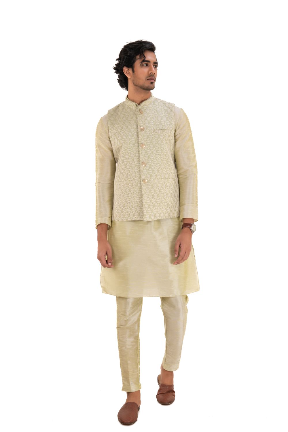 Ivory-hued Heavily Embroidered Silk Nehru Jacket Light Green