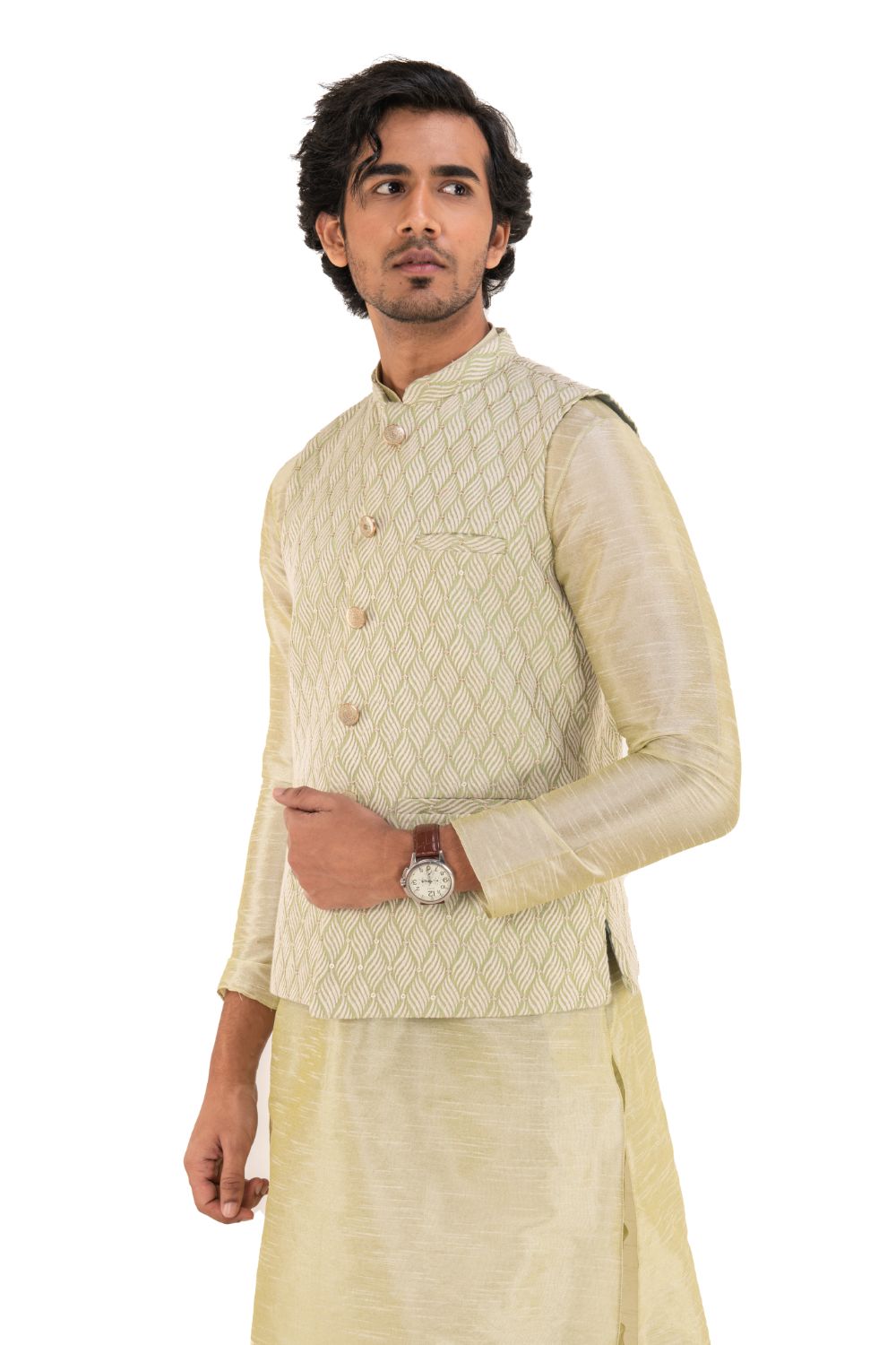 Ivory-hued Heavily Embroidered Silk Nehru Jacket
