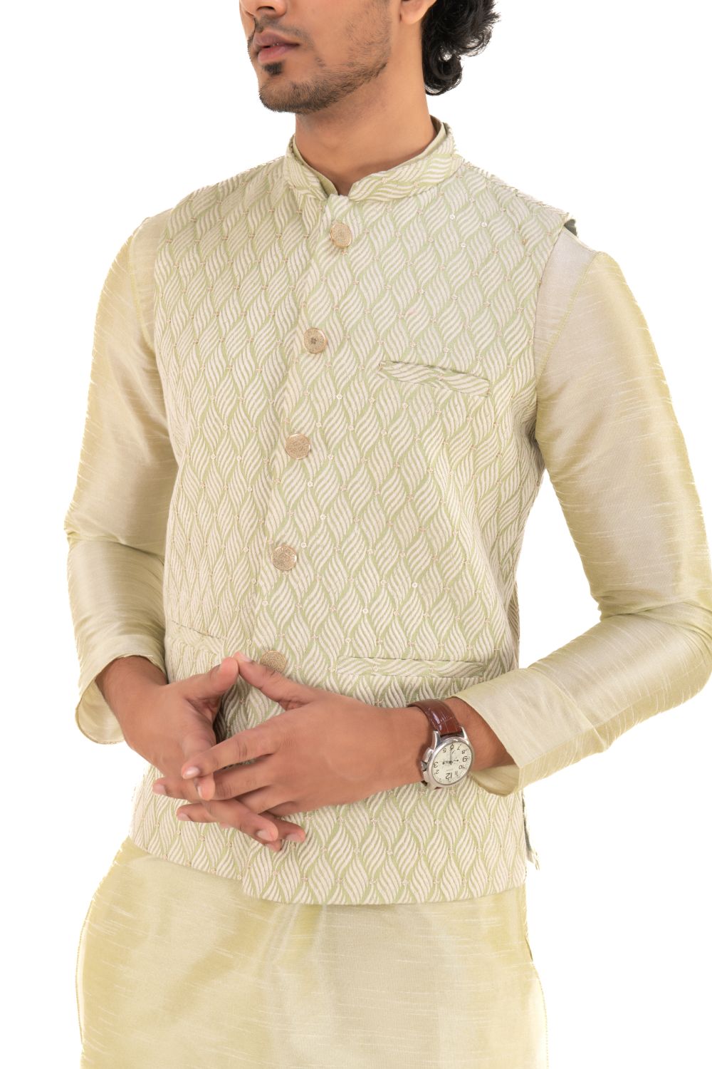 Ivory-hued Heavily Embroidered Silk Nehru Jacket